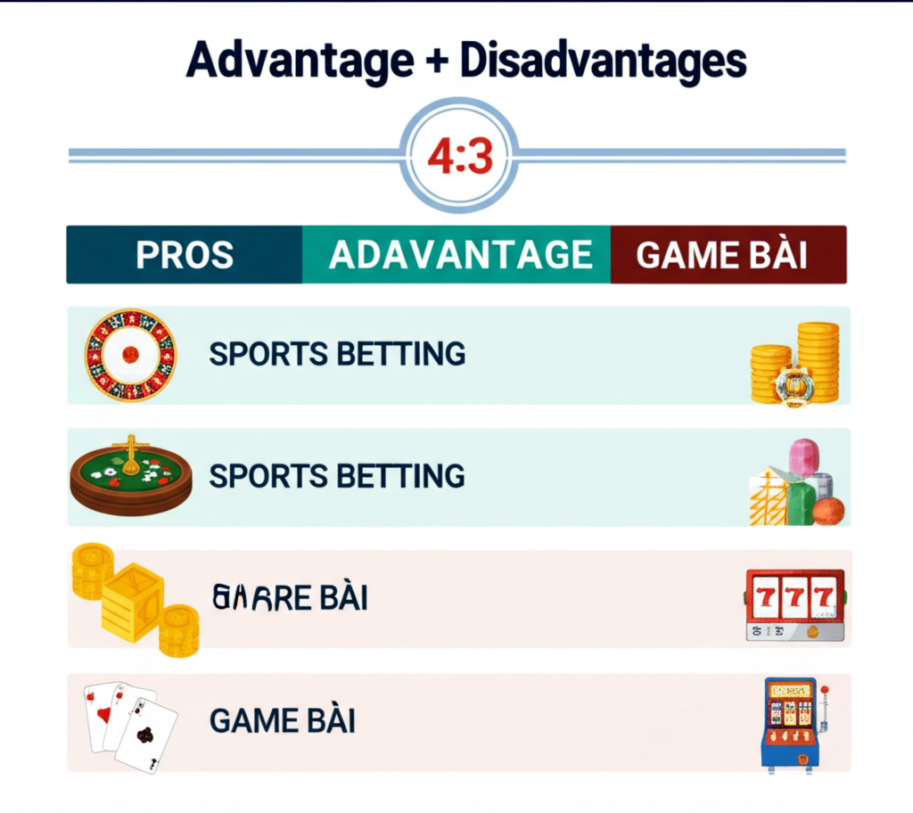 Bảng so sánh ưu nhược điểm của các loại hình cá cược như casino, cá cược thể thao, xổ số, game bài và slot