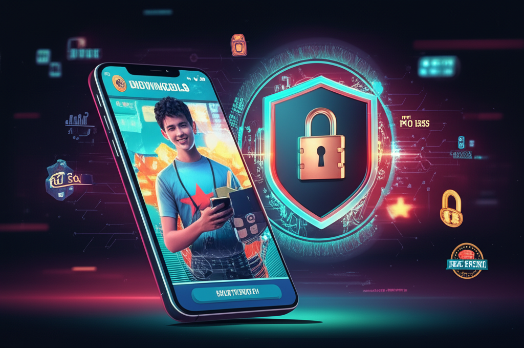 Hình ảnh minh họa bảo mật cá cược trực tuyến với biểu tượng SSL, PCI DSS, ISO 27001 và người chơi sử dụng ứng dụng bigwingold trên điện thoại di động