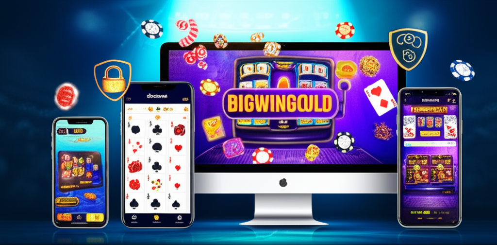 Hình ảnh minh họa bảo mật tài khoản khi chơi slot, game bài, bắn cá và Esports trên nền tảng bigwingold với biểu tượng bảo mật và giao diện hiện đại