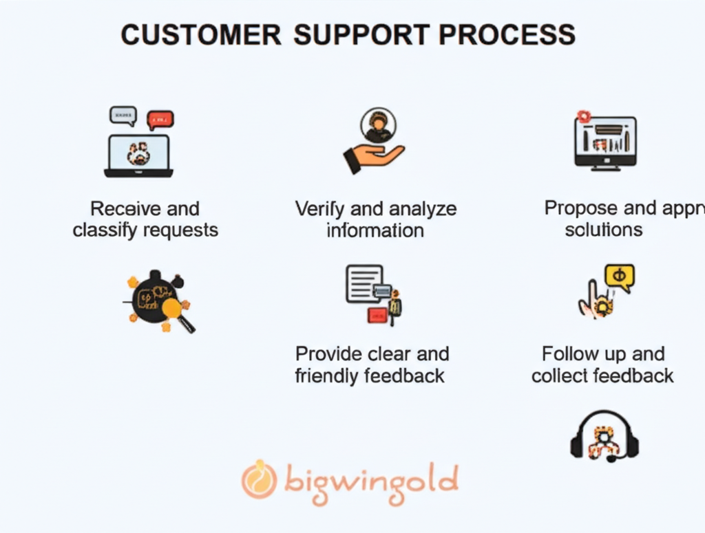 Infographic quy trình 5 bước hỗ trợ khách hàng chuyên nghiệp tại bigwingold từ tiếp nhận đến giải quyết vấn đề