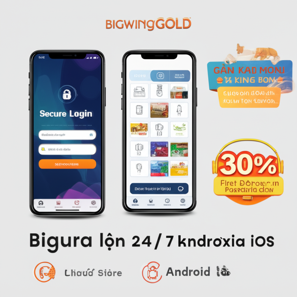 Giao diện ứng dụng bigwingold trên điện thoại di động với các chương trình khuyến mãi và hỗ trợ khách hàng 24/7