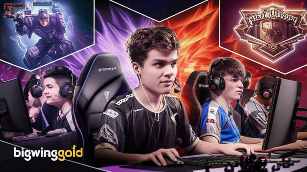 Cảnh thi đấu esports chuyên nghiệp với các game thủ tập trung, hiệu ứng kỹ thuật số và thương hiệu bigwingold, thể hiện sự cạnh tranh và giải thưởng lớn