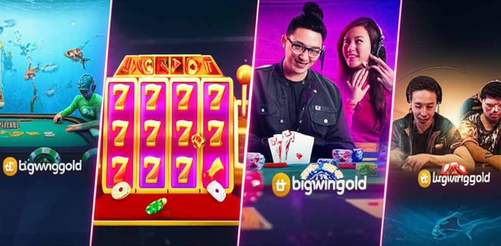 Hình ảnh minh họa đa dạng các thể loại game nổi bật trên bigwingold gồm slot, game bài, bắn cá và esports với phong cách hiện đại, năng động
