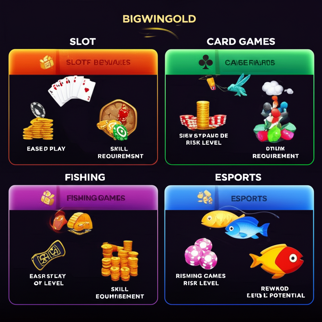 Bảng so sánh chi tiết các thể loại game slot, game bài, bắn cá và esports trên bigwingold về cách chơi, rủi ro và thưởng