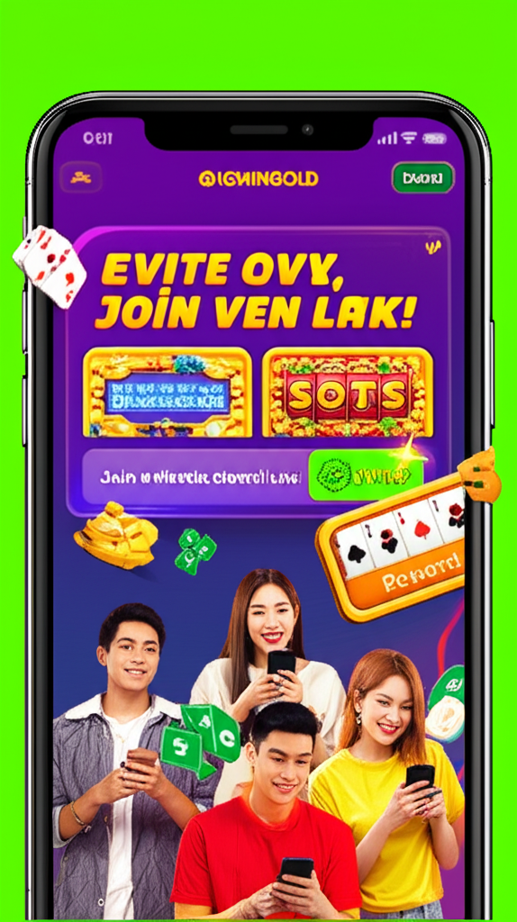 Chương trình mời bạn bè nhận thưởng trên bigwingold với hình ảnh người dùng trẻ chia sẻ link mời và nhận phần thưởng qua ứng dụng di động