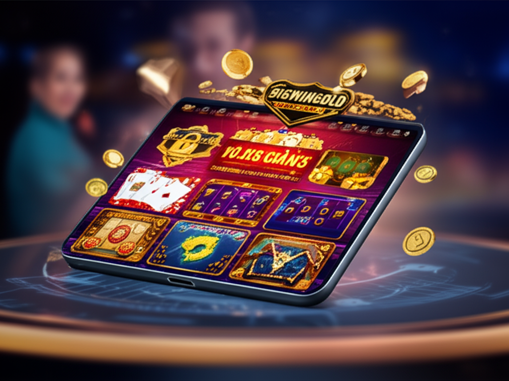 Giao diện nền tảng bigwingold với trò chơi slot và game bài, biểu tượng thưởng và khuyến mãi hấp dẫn, thể hiện sự an toàn và trải nghiệm đa dạng