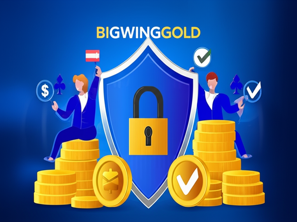 Hình ảnh thể hiện cam kết an toàn, minh bạch và bảo mật cao của bigwingold trong các chương trình khuyến mãi và hỗ trợ khách hàng chuyên nghiệp.