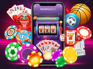 Hình ảnh minh họa các loại hình cá cược phổ biến tại Việt Nam bao gồm casino, cá cược thể thao, xổ số, game bài và slot trên nền giao diện ứng dụng bigwingold hiện đại