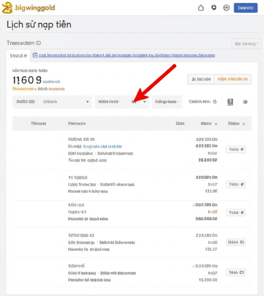 Giao diện trang lịch sử giao dịch nạp tiền trên website bigwingold hiển thị danh sách các giao dịch gần đây