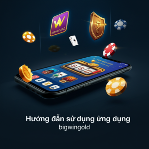 Giao diện ứng dụng di động bigwingold với các biểu tượng trò chơi bài, slot, cá cược và nhận thưởng trên nền công nghệ hiện đại