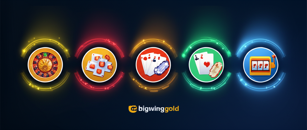 Infographic illustration comparing casino, sports betting, lottery, card games, and slot machines with bigwingold branding emphasizing safe and diverse betting options