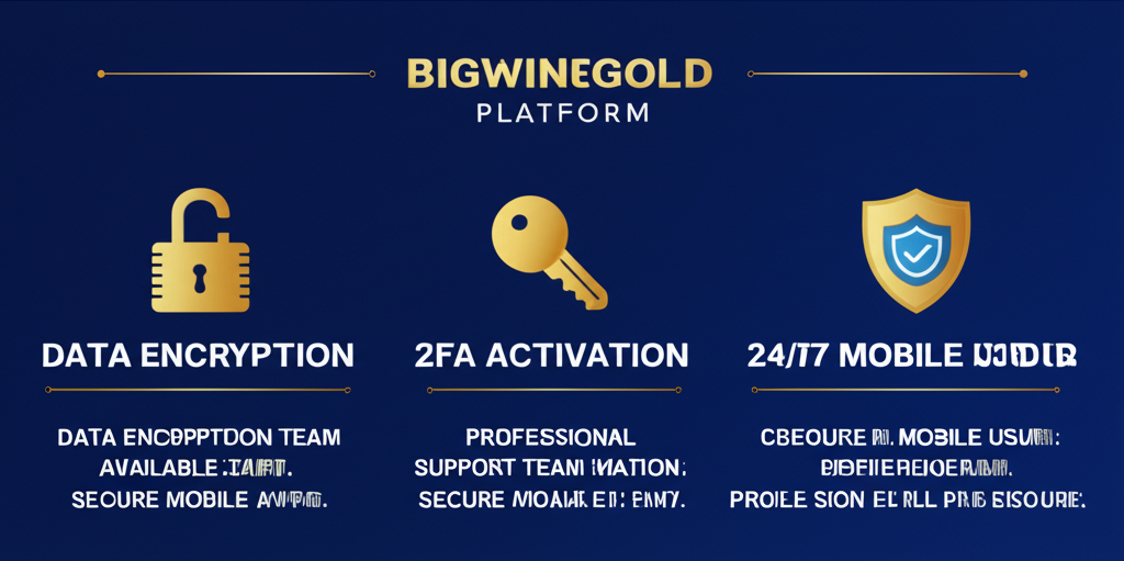 Infographic các tính năng bảo mật nổi bật của nền tảng bigwingold như mã hóa dữ liệu, xác thực hai yếu tố, hỗ trợ chuyên nghiệp và ứng dụng di động an toàn