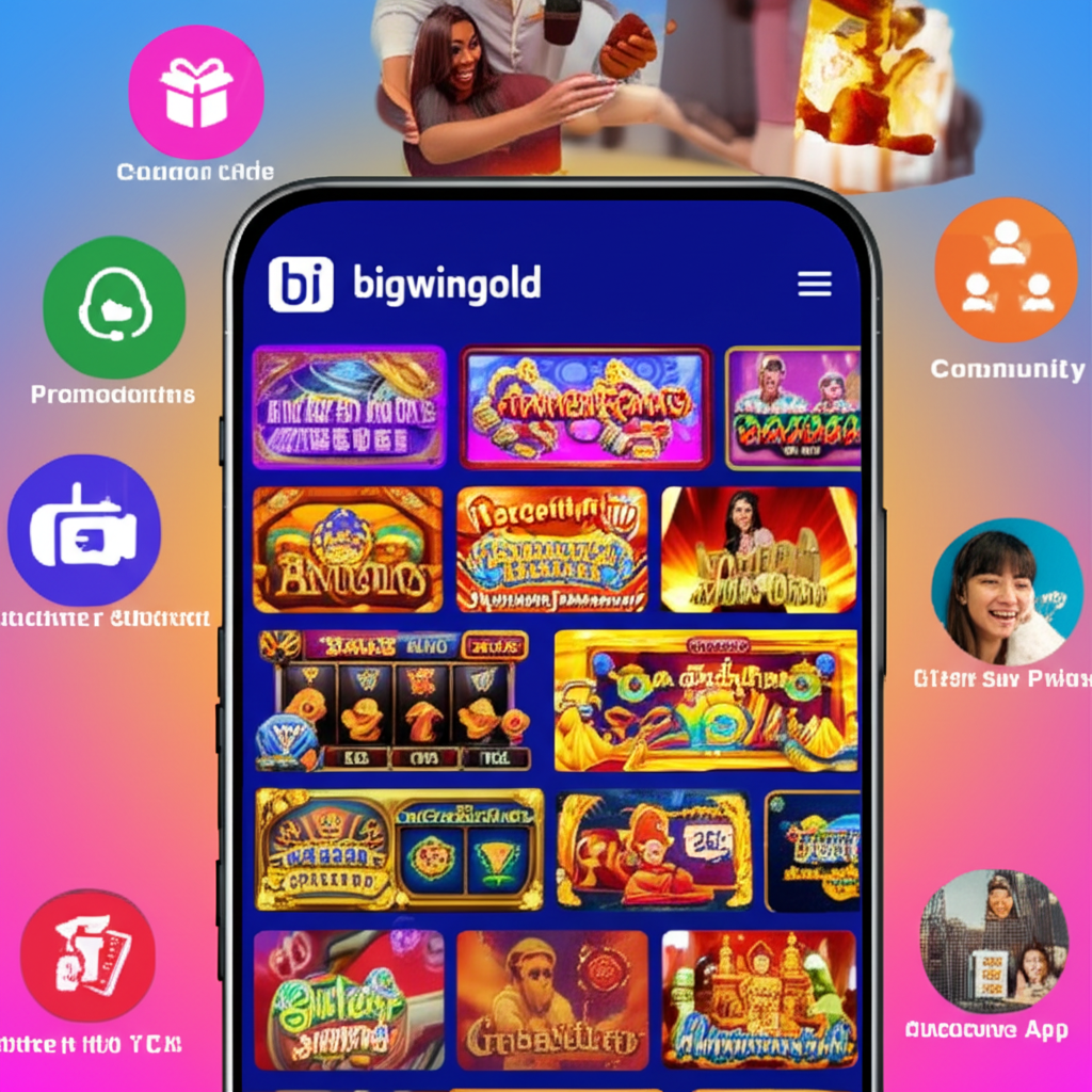 Ứng dụng di động bigwingold với giao diện chơi slot, hỗ trợ khách hàng chuyên nghiệp và cộng đồng người chơi năng động.