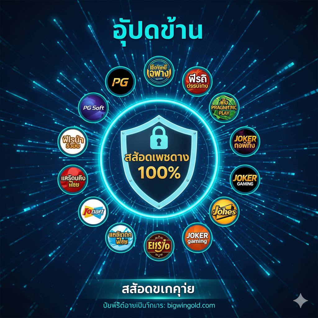 优势图展示BIGWINGOLD作为 'สล็อตเว็บตรง' 的可靠性。图片中央是多个顶级的游戏供应商标志（如PG Soft, Pragmatic Play, Joker Gaming）围绕着一个盾牌或安全锁图标。盾牌上刻有 'สล็อตเว็บตรง 100%'。背景是高速的光纤线条和数据流，象征快速และ不通过中介。色彩以蓝色和绿色为主，传达信任และ安全感。下方可以加入 'สล็อตแตกง่าย' 的小标语。