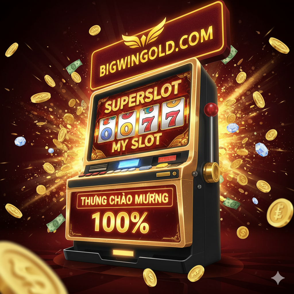 Một cao năng lượng, sang trọng kiểu máy đánh bạc trò chơi bìa. Ở trung tâm của màn hình là một giao diện máy đánh bạc cổ điển lấp lánh với ánh sáng vàng, với tên thương hiệu “Superslot My Slot” được hiển thị rõ ràng trên màn hình, kèm theo biểu ngữ hiệu ứng đèn neon lớn “100% Welcome Bonus”. Bố cục sử dụng góc độ động, nhìn lên từ dưới cùng của máy đánh bạc, với một lượng lớn tiền vàng, đá quý và các ký hiệu tiền Việt Nam (như VND) đang nổ tung. Tông màu chủ đạo là đỏ đậm, đen và vàng tươi, tạo ra sự phấn khích và bầu không khí giàu có của một sòng bạc hàng đầu, thu hút mạnh mẽ người chơi Việt Nam.