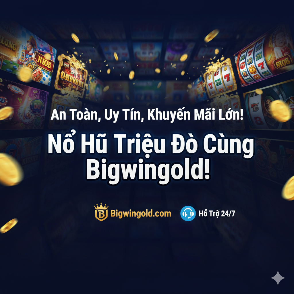 Một biểu ngữ mạnh mẽ tóm tắt và kêu gọi hành động (CTA). Nền hình ảnh cho thấy cảnh trò chơi máy đánh bạc thú vị một cách mơ hồ, với văn bản tiếng Việt khổng lồ, nổi bật ở giữa tiền cảnh: “An Toàn, Uy Tín, Khuyến Mãi Lớn!” và lời kêu gọi hành động cuối cùng: “Nổ Hũ Triệu Đô Cùng Bigwingold!”. Thiết kế nên sử dụng phông chữ đậm, tương phản cao, chẳng hạn như phông chữ màu trắng hoặc vàng trên nền tối, được bổ sung ở phía dưới bằng Logo của Bigwingold và biểu tượng nhỏ “Hỗ trợ 24/7” để củng cố độ tin cậy của thương hiệu và khuyến khích tham gia ngay lập tức.