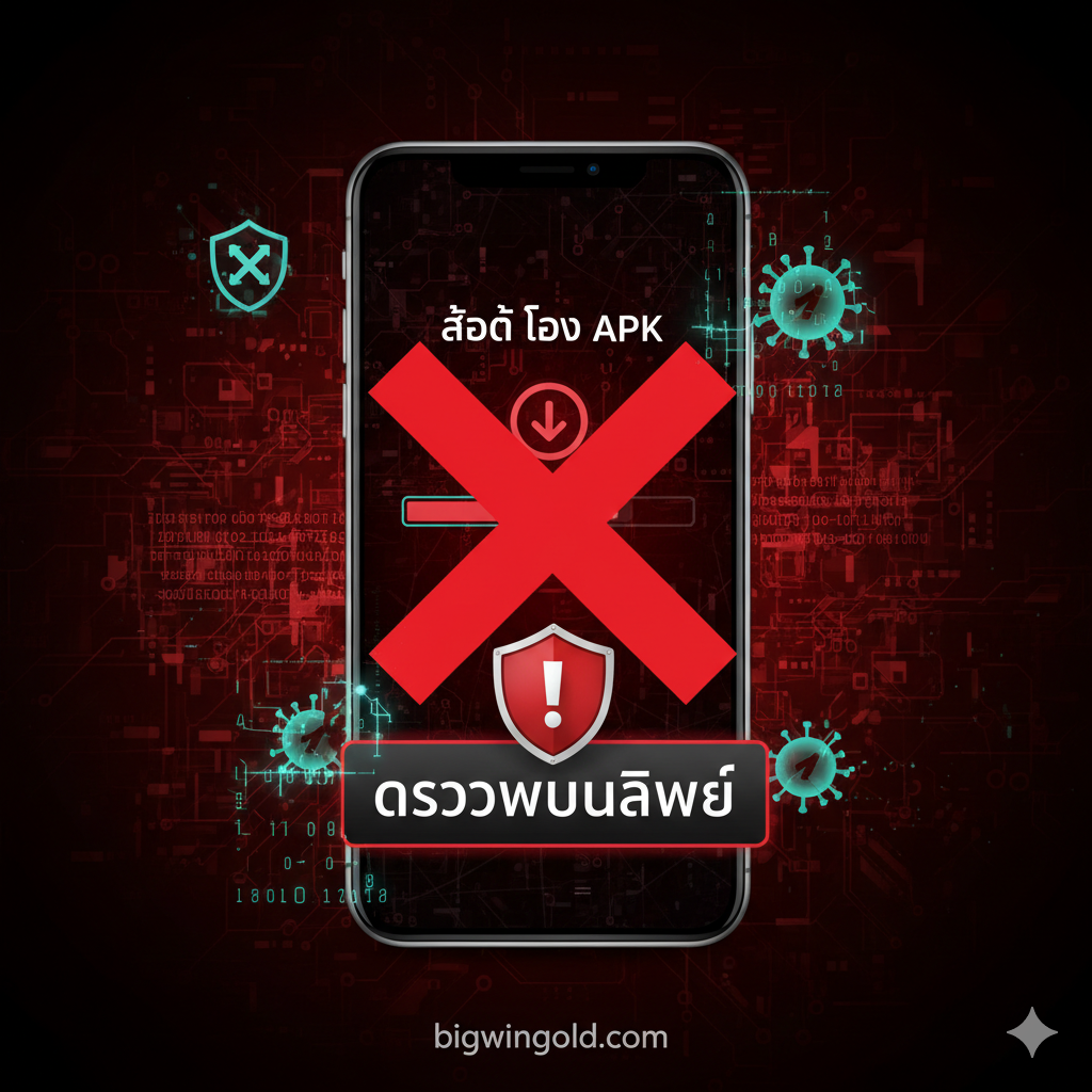 一张充满警示意味的封面图,背景为深红与黑色的网络安全风格。画面中央是一个智能手机屏幕، หน้าจอแสดงแถบความคืบหน้าการดาวน์โหลดชื่อ 'Slot Cheat APK' ถูกตัดด้วยเครื่องหมาย 'X' สีแดงขนาดใหญ่ และมีโล่เตือน 'ตรวจพบมัลแวร์ (Malware Detected)' ปรากฏขึ้น รอบๆ ลอยอยู่เศษรหัสไบนารีที่เป็นตัวแทนของไวรัสและแฮกเกอร์ สไตล์ภาพมีความตึงเครียดและจริงจัง มีวัตถุประสงค์เพื่อเตือนผู้ใช้ถึงอันตรายของการดาวน์โหลดไฟล์ APK ดังกล่าวทันที โดยเน้นย้ำถึงความเสี่ยงด้านความปลอดภัย