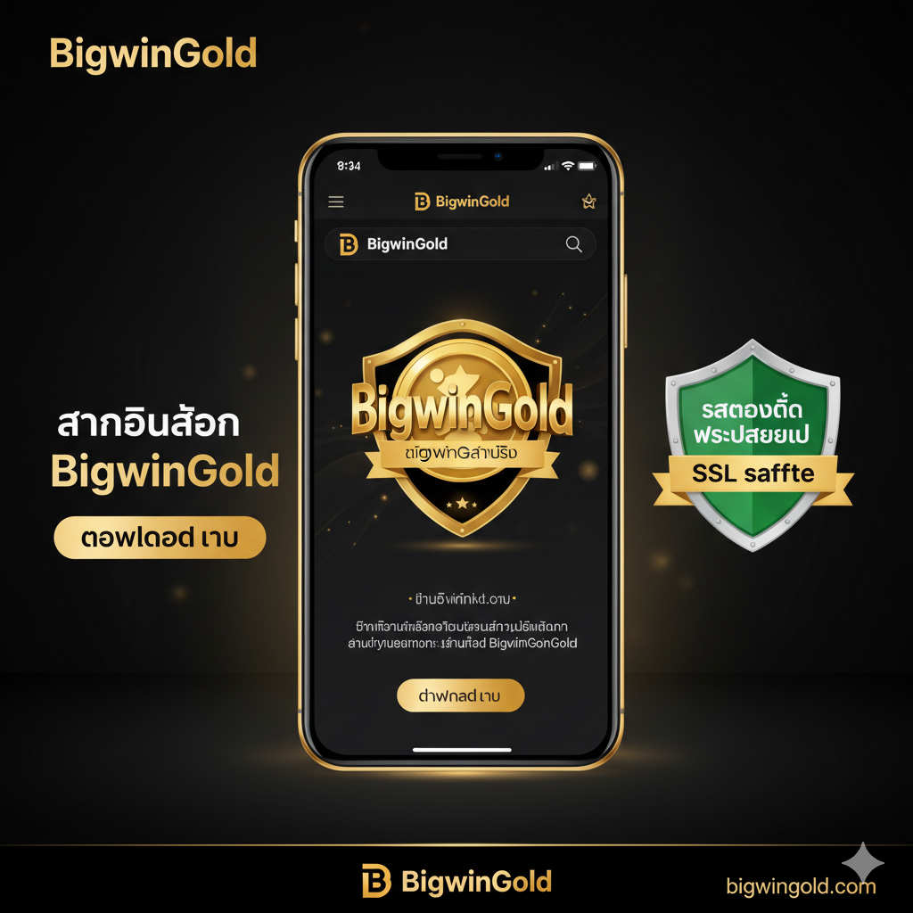 专门展示BigwinGold官方应用程序的宣传图。画面中心是一部高端智能手机,屏幕上清晰显示着BigwinGold流畅、精致的金色App界面,旁边有一个绿色的'Verified Safe'(ปลอดภัยได้รับการยืนยัน)และโล่ตรา 'SSL Secure' พื้นหลังใช้สีดำทองอันเป็นเอกลักษณ์ของแบรนด์ แสงและเงาอ่อนนุ่ม หรูหรา สร้างบรรยากาศของแอปพลิเคชันทางการที่เป็นของแท้ ปลอดภัย และน่าเชื่อถือ ซึ่งแตกต่างจากมัลแวร์ก่อนหน้าอย่างสิ้นเชิง