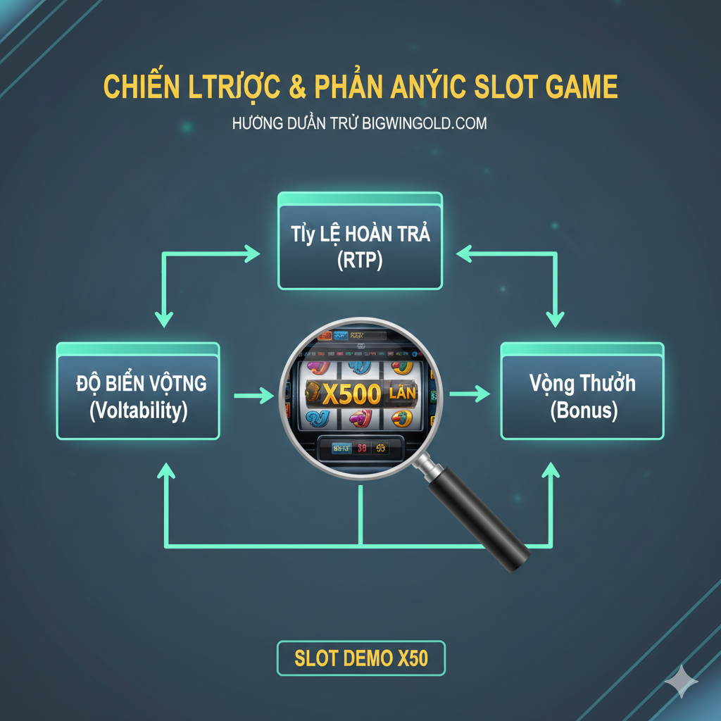 教程图片，重点展示'战略与分析 (Chiến Lược & Phân Tích)'。画面主体是一个图表或流程图的抽象表示，图表上突出显示'RTP'、'Volatility'和'Bonus'等技术术语。中央可以有一个放大镜正在聚焦一个老虎机卷轴，卷轴上显示着获胜的组合和X500乘数。色彩使用理性且专业的蓝色调、灰色调，配以高亮的绿色箭头，暗示流程和指导。整体构图旨在传达专业、深度的游戏分析和教学内容。