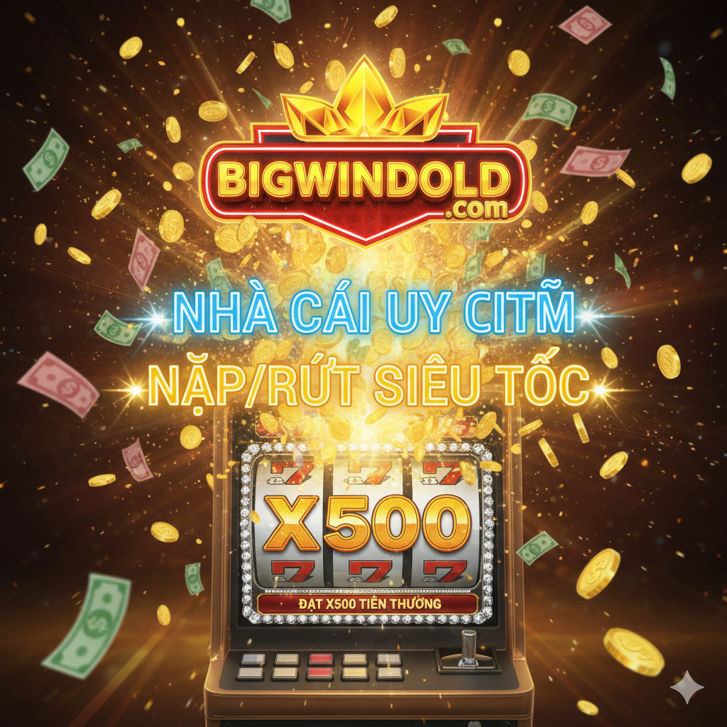 优势图片，突出在BigwinGold平台玩X500游戏的益处。画面主体是一个正在爆炸性地吐出金币和钞票的老虎机，背景是BigwinGold的Logo或网站元素，并用霓虹灯效果突出越南语的'Nhà Cái Uy Tín'（信誉庄家）、'Nạp/Rút Siêu Tốc'（超快存取款）。图片应充满胜利的喜悦感，使用暖色调如金色和红色，营造出财富和成功的氛围。强调平台的安全、快速和高额奖金潜力。