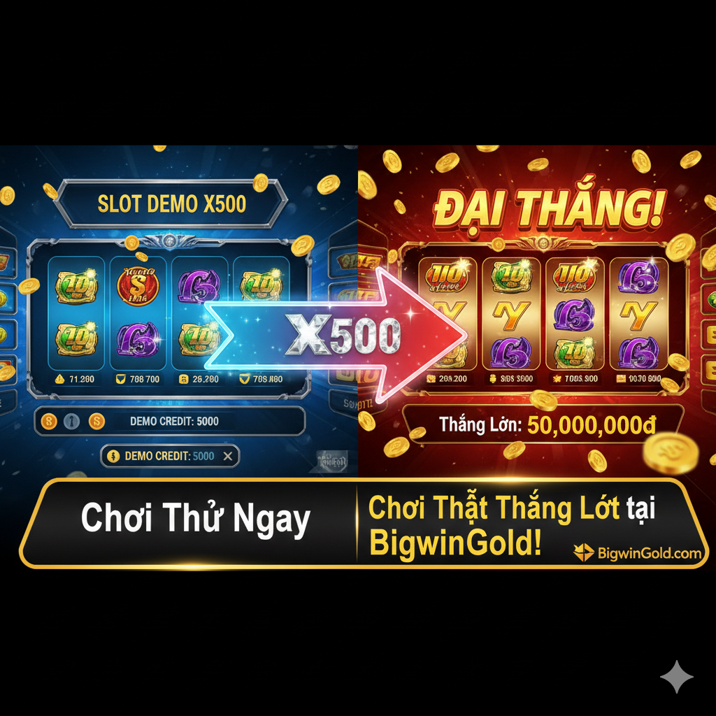 总结和行动呼吁图片。画面将Demo和真钱游戏结合起来。左侧是Demo游戏界面（象征练习），右侧是真钱游戏的巨大胜利画面（象征最终目标），中间有一个闪烁的过渡箭头。底端是清晰的越南语CTA文字：'Chơi Thử Ngay' 和 'Chơi Thật Thắng Lớn tại BigwinGold!'。构图应简洁有力，鼓励用户从演示转向实际行动。整体色彩融合了演示的冷静色调和胜利的火热色调，形成鲜明的对比，激发玩家的行动欲望。