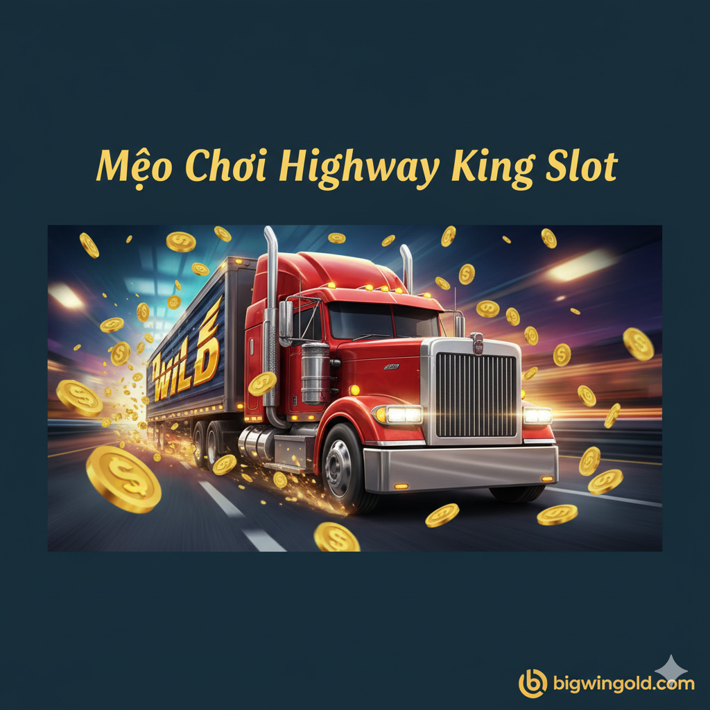 一张充满 động lực và uy lực của chiếc xe tải đỏ trong Highway King, tượng trưng cho chiến thắng và nổ hũ, kèm logo bigwingold.com