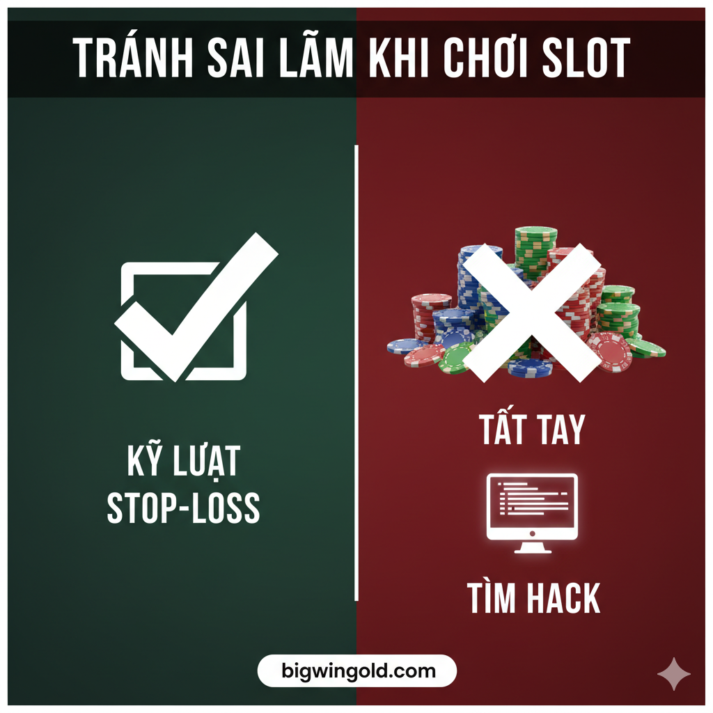 Hình ảnh cảnh báo người chơi tránh các sai lầm như All-in và tìm kiếm công cụ hack, nhấn mạnh kỷ luật Stop-Loss/Stop-Win