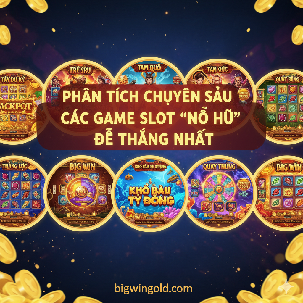 Hình ảnh minh họa cho 'Phân Tích Chuyên Sâu Các Game Slot "Nổ Hũ" Dễ Thắng Nhất'. Ảnh hiển thị giao diện đa dạng của các trò slot nổi bật như 'Tây Du Ký', 'Tam Quốc', 'Kho Báu Đại Dương'. Sử dụng bố cục dạng collage (ghép ảnh) hoặc carousel (thanh cuộn) các screenshot game (màn hình đang nổ hũ/jackpot). Tông màu rực rỡ, sắc nét, thể hiện sự đa dạng và đồ họa 3D chất lượng cao của game. Thêm các dòng chữ tiếng Việt nổi bật như 'Jackpot', 'Free Spin', 'Nổ Hũ Tỷ Đồng' để nhấn mạnh tính năng.
