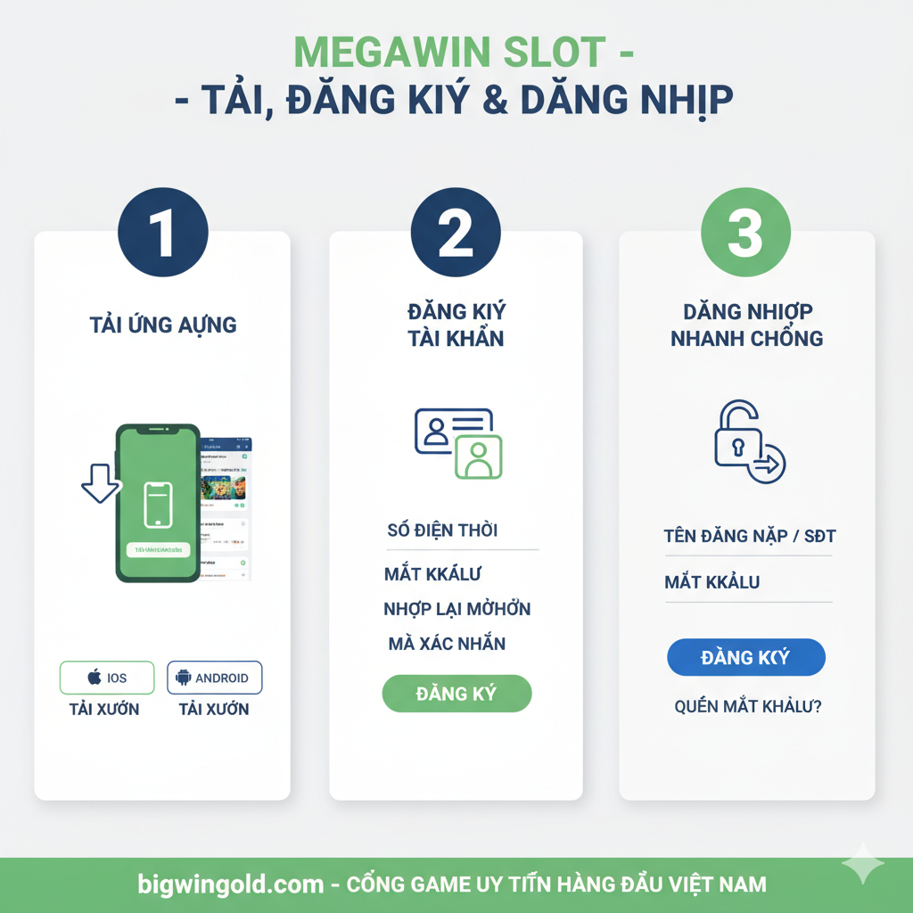 Hình ảnh hướng dẫn 'Tải, Đăng Ký & Đăng Nhập Megawin Slot'. Sử dụng phong cách infographic (đồ họa thông tin) với các bước 1-2-3 rõ ràng. Các icon đại diện cho hành động: mũi tên tải xuống (Tải App), hình người/thẻ ID (Đăng Ký), hình ổ khóa/mũi tên vào (Đăng Nhập). Tông màu trắng và xanh dương/xanh lá cây để tạo cảm giác an toàn, dễ hiểu. Có thể thêm hình ảnh giao diện mobile (điện thoại) để minh họa quá trình tải và cài đặt ứng dụng (iOS/Android).