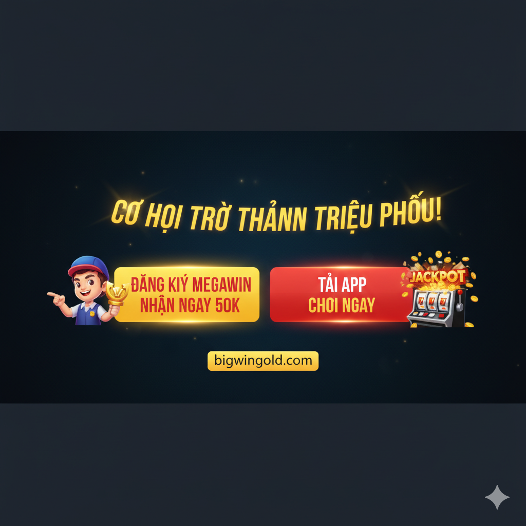Hình ảnh tổng kết và kêu gọi hành động (CTA) cuối bài. Thiết kế đơn giản, mạnh mẽ, tập trung vào nút bấm 'Đăng Ký' và 'Tải App'. Nền màu tối (đen/xanh đậm) làm nổi bật các nút CTA màu sáng (vàng kim/đỏ). Cần có dòng chữ kêu gọi hành động rõ ràng bằng tiếng Việt như 'ĐĂNG KÝ MEGAWIN NHẬN NGAY 50K' hoặc 'TẢI VÀ CHƠI NGAY'. Thêm một hình ảnh nhỏ của Jackpot lớn hoặc một nhân vật game đang chiến thắng để tạo động lực. Kết hợp tên miền 'bigwingold.com' ở vị trí dễ thấy để khẳng định đối tác chính thức.