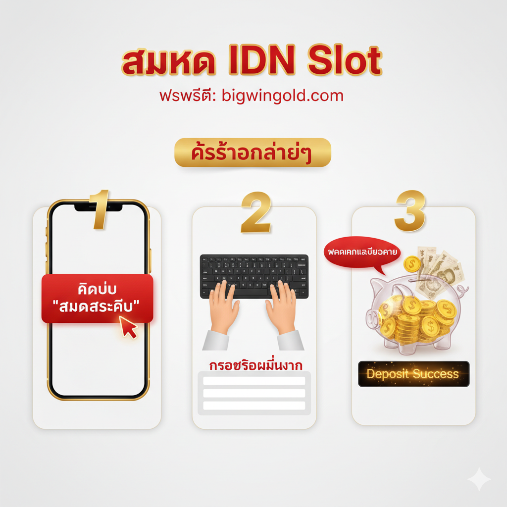 สมัคร IDN Slot 教程的步骤图解，包含点击注册、填写验证信息、存款并选择IDN Play三个步骤