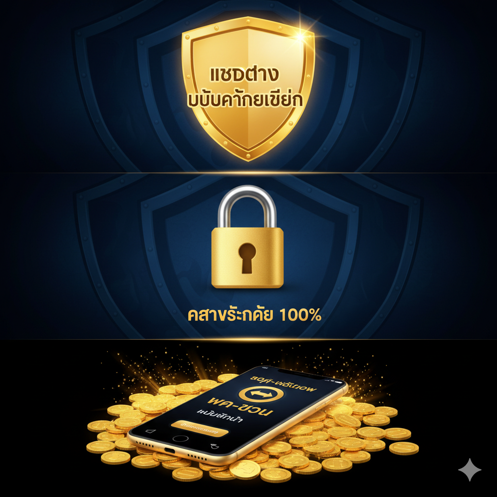 突出bigwingold.com作为เว็บตรง IDN优势的对比图，左侧展示金盾牌代表安全，右侧展示金币代表ฝาก-ถอน ไม่มีขั้นต่ำ