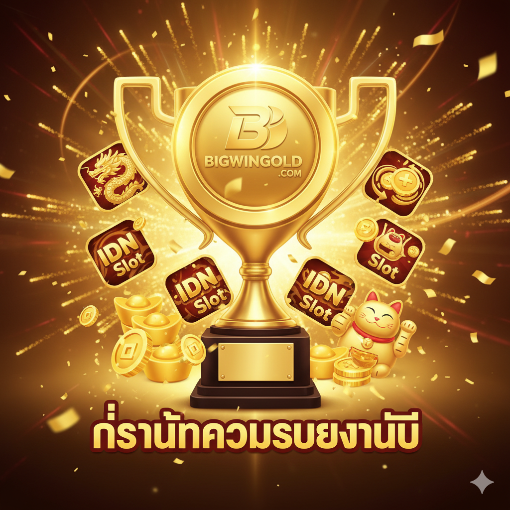 文章总结图，展示bigwingold.com作为Situs IDN Slotที่ดีที่สุด พร้อมถ้วยรางวัลและไอคอนเกม IDN Slot