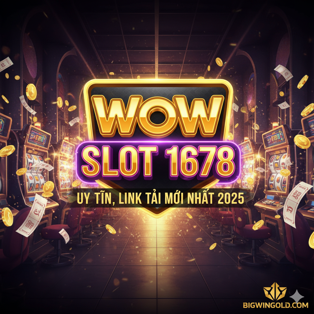 Thiết kế một trang bìa chất lượng cao, hiện đại và bắt mắt. Các yếu tố thị giác chính là biểu tượng đèn neon hoặc mạ vàng 'Wow Slot 1678' trên nền trừu tượng của sảnh trò chơi máy đánh bạc, với hiệu ứng động của vàng và vé số bay ra. Màu sắc chủ đạo là vàng, tím và đen, tạo nên không khí cờ bạc sang trọng và thú vị. Trong bố cục, từ khóa 'Wow Slot 1678' phải được đặt ở vị trí trung tâm phía trên, với thông tin tiếng Việt nhỏ hơn bên dưới, nhấn mạnh 'Uy Tín, Link Tải Mới Nhất 2025'. Góc dưới bên trái hoặc bên phải của hình ảnh nên có Logo hoặc màu sắc thương hiệu của Bigwingold, ngụ ý nội dung bài viết liên quan đến trang đích.