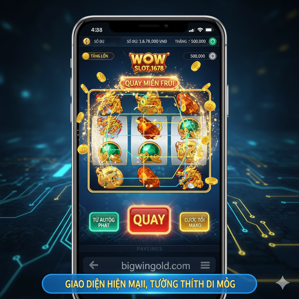 Hình ảnh này nên hiển thị giao diện và tính năng trò chơi của Wow Slot 1678 (hoặc trò chơi máy đánh bạc hiện đại tương tự). Chủ thể chính của màn hình là ảnh chụp màn hình trò chơi Slot đang chạy trên điện thoại di động hoặc máy tính bảng, hiển thị đồ họa 3D đẹp mắt, nhiều đường thanh toán (Paylines) và các biểu tượng đặc trưng (như Wild, Scatter, Bonus). Làm nổi bật các hiệu ứng hoạt hình 'Quay miễn phí' (Free Spin) hoặc 'Thắng lớn' (Big Win) bằng màu sắc tươi sáng (đỏ, vàng, xanh lục) để đánh dấu các nút quan trọng như 'Quay' và 'Tự động phát'. Nền có thể là kết cấu công nghệ được làm mờ, nhấn mạnh đặc tính 'Giao diện hiện đại, Tương thích di động'.