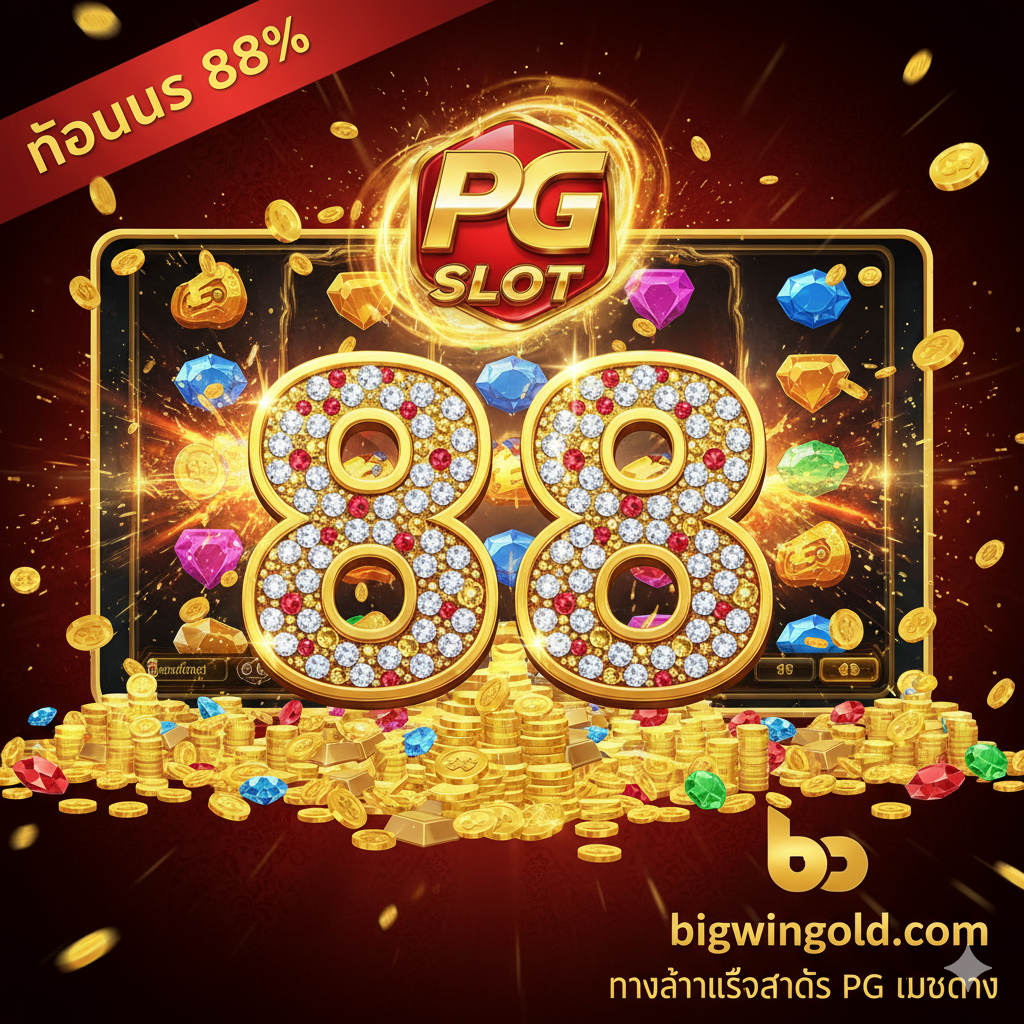 ภาพออกแบบเป็นโฆษณาโปสเตอร์สไตล์ดึงดูดสายตา, เน้นโทนสีทอง แดง ดำ ให้ความรู้สึกหรูหรา ร่ำรวย, มีเลข '88' ขนาดใหญ่และโลโก้ PG Slot ส่องประกาย, พื้นหลังเป็นฉากเกมสล็อต/คาสิโนที่มีเอฟเฟกต์ชนะรางวัล, พร้อมโลโก้ bigwingold.com และสโลแกนภาษาไทย "ทางเข้าเล่นสล็อต PG เว็บตรง", เน้นความหมายของ 'โชคลาภ', 'ความมั่งคั่ง' และ 'โบนัส 88%'