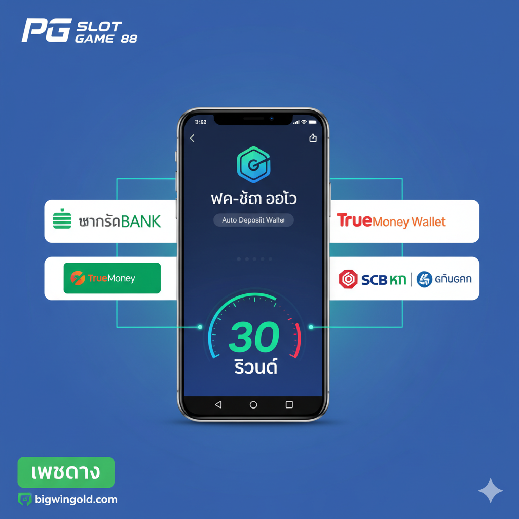 ภาพเน้น 'รวดเร็ว ปลอดภัย ระบบออโต้' ด้วยโทนสีฟ้า เขียว ขาว, แสดงหน้าจอสมาร์ทโฟนที่มีอินเทอร์เฟซ 'ฝาก-ถอน ออโต้', มีโลโก้ True Wallet และธนาคารหลักๆ พร้อมนาฬิกาดิจิทัลหรือตัวนับถอยหลัง '30 วินาที' เพื่อเน้นความเร็ว