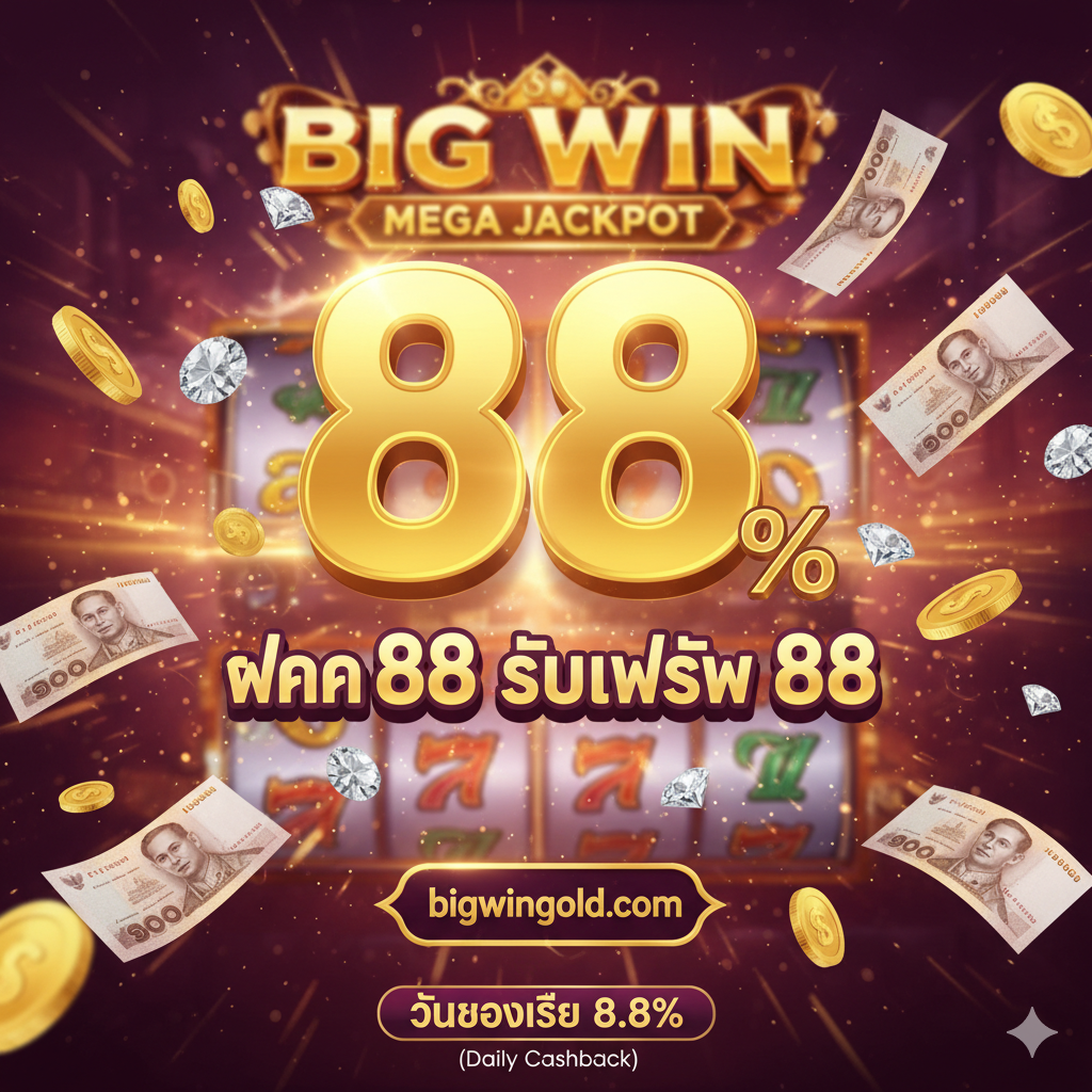 ภาพเน้นย้ำโปรโมชั่นด้วยธีม '88' สไตล์น่าตื่นเต้น, โทนสีทอง แดง ม่วง, มีข้อความใหญ่ '88% BONUS' และ 'ฝาก 88 รับเพิ่ม 88', รายล้อมด้วยธนบัตรไทย, เหรียญทอง และเพชร, พร้อมโลโก้ bigwingold.com และป้ายเล็ก 'คืนยอดเสีย 8.8%'