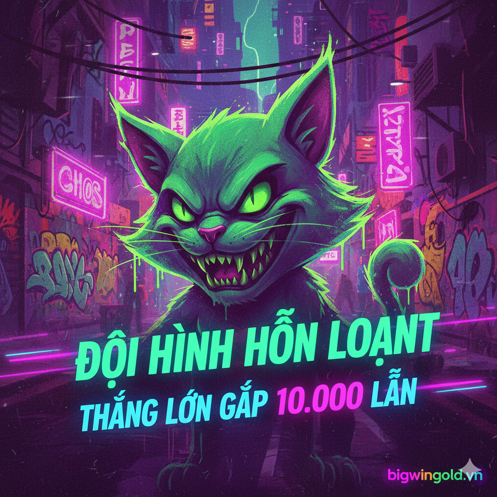 Một bức ảnh bìa nổi bật, phong cách nghệ thuật graffiti cyberpunk. Tiêu điểm là nhân vật chính 'Cranky Cat' (mèo xanh/tím cười nham hiểm) trên nền đường phố neon tương lai, thể hiện chủ đề 'Chaos'. Hình ảnh có chữ 'Chaos Crew' và '10.000x Max Win', kèm thương hiệu Bigwingold.com.