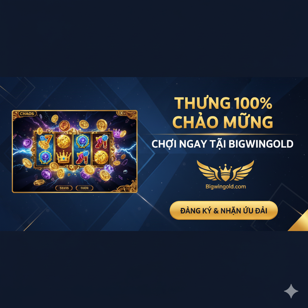 Một hình ảnh Tóm tắt và Kêu gọi Hành động (CTA) tập trung vào Bigwingold.com. Bên trái là bản xem trước game nhỏ, bên phải là thông tin khuyến mãi 100% chào mừng của Bigwingold. Sử dụng tông màu thương hiệu và một nút 'Đăng Ký & Nhận Ưu Đãi' nổi bật.