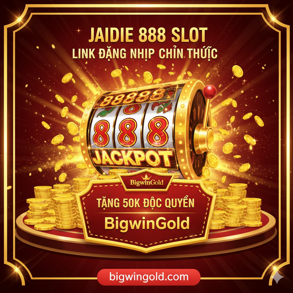 một引人注目的封面图片，主题是“Jaidee 888 Slot Link Đăng Nhập Chính Thức | Tặng 50K”. 图片风格为高光、奢华的赌场风，主色调为金色和红色，营造出胜利和财富的氛围。核心元素包括一个巨大的老虎机（Slot Machine）卷轴，上面显示着“888”和“Jackpot”字样，周围有闪耀的金币和光束。在前景突出显示一个金色的徽章 hoặc 横幅，写有“Tặng 50K Độc Quyền” và “BigwinGold”字样，强调独家优惠和目标站点，吸引用户的注意力。