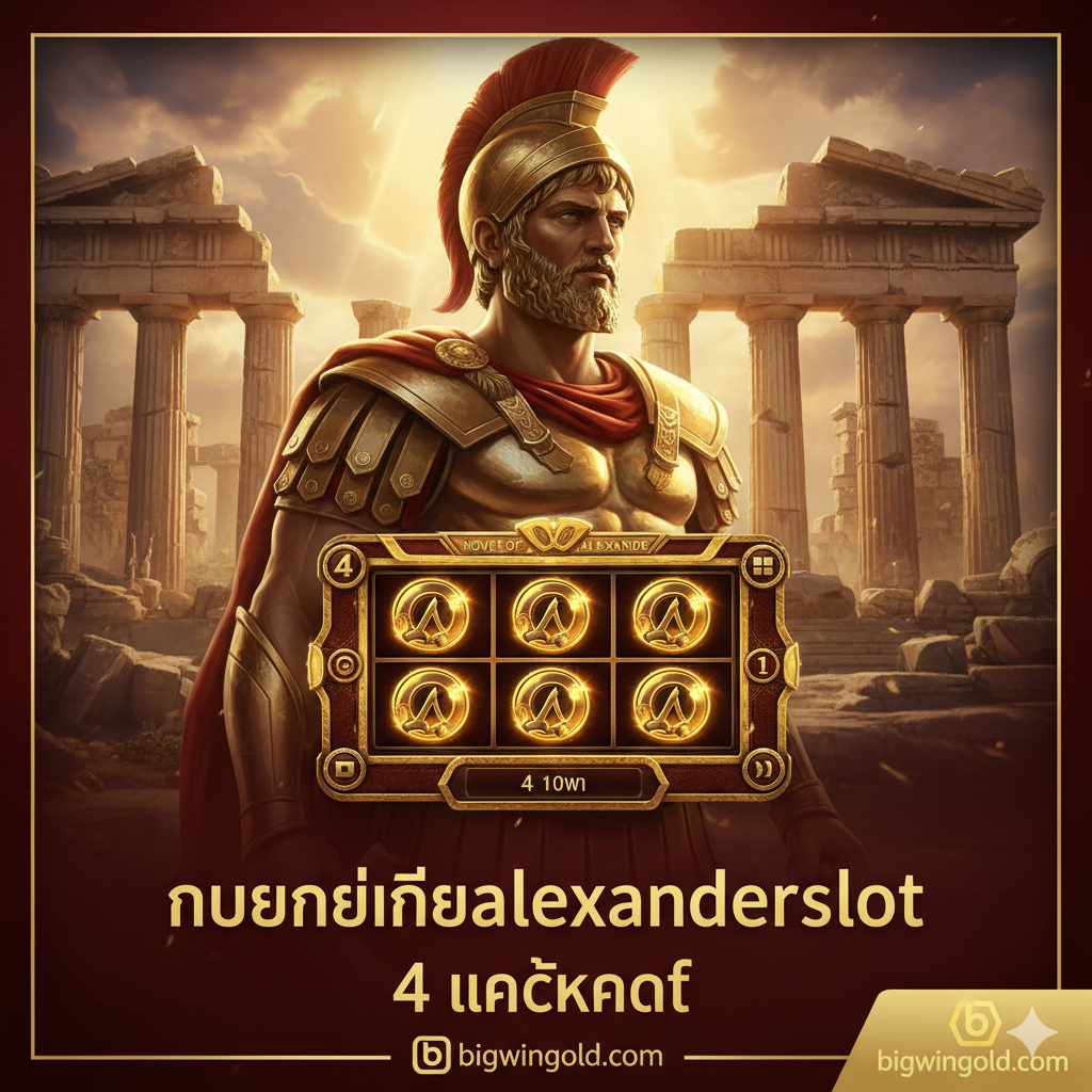 一張引人注目的封面圖，融合了希臘古典藝術與現代老虎機元素。主視覺是一個威严的亞歷山大帝半身像（或剪影），身著金色盔甲，背景是古希腊神廟廢墟，陽光從上方照射。前景是遊戲《Novel of Alexander Slot》的3x3卷軸界面，卷軸上閃爍著金色勝利光芒。色彩以深紅、金黃和青銅色為主，營造出史詩般的氛圍。畫面底部醒目標注'Novel of Alexander Slot'和'4 Jackpot'字樣，並帶有'bigwingold.com'的標誌或水印，暗示高額獎金和合作站点。