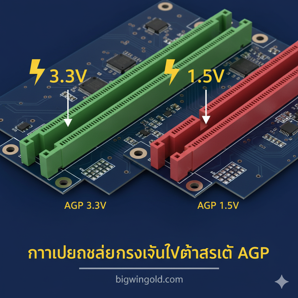 ภาพประกอบที่แสดงฟังก์ชันหลักของการจำแนก AGP: แสดงภาพเปรียบเทียบสล็อต AGP สองประเภทวางคู่กันอย่างชัดเจน ด้านซ้ายเป็น AGP 3.3V (เน้นร่องบากด้านหลัง) และด้านขวาเป็น AGP 1.5V (เน้นร่องบากด้านหน้า) ใช้สีที่แตกต่างกันเพื่อแยกประเภท เช่น สีเขียวสำหรับ 3.3V และสีแดงสำหรับ 1.5V มีการใส่ไอคอนฟ้าผ่าหรือสัญลักษณ์แรงดันไฟ (V) กำกับไว้เหนือแต่ละสล็อต พร้อมตัวเลข '3.3V' และ '1.5V' เพื่อเน้นย้ำความแตกต่างทางไฟฟ้าที่สำคัญที่สุด