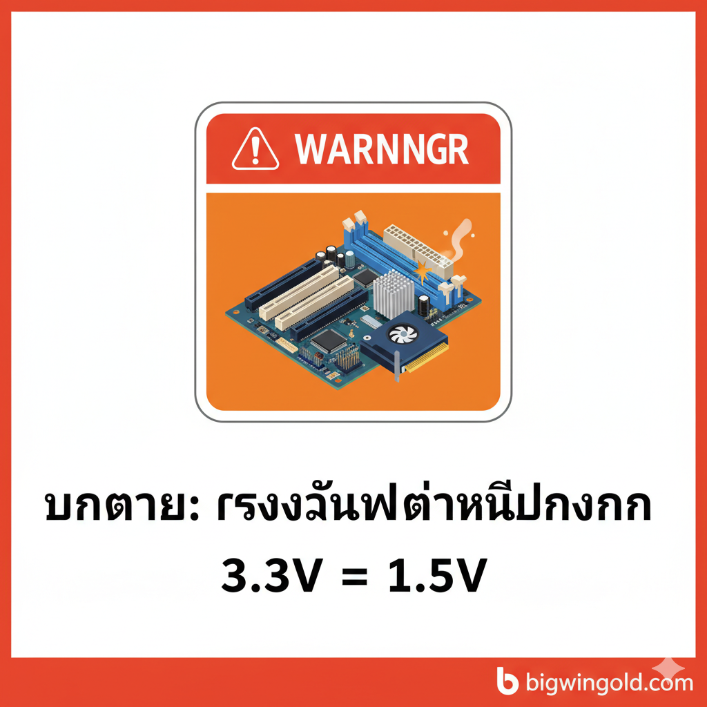 ภาพสรุปและคำเตือนเรื่องความเข้ากันได้: ภาพที่มีลักษณะเป็นสัญลักษณ์ 'คำเตือน' หรือ 'อันตราย' (Warning/Danger Sign) ตรงกลางภาพมีไอคอนของเมนบอร์ดที่มีร่อง AGP และการ์ดจอที่ไม่เข้ากัน กำลังมีประกายไฟหรือควันออกมาเล็กน้อย ใช้โทนสีส้ม/แดงฉูดฉาดเพื่อเน้นย้ำถึงความเสี่ยงของการเสียบผิดประเภท มีข้อความกำกับเป็นภาษาอังกฤษตัวใหญ่ว่า '3.3V $ne$ 1.5V' หรือ 'DANGER: Incorrect Voltage' เพื่อสรุปประเด็นหลักที่สำคัญที่สุดของบทความ