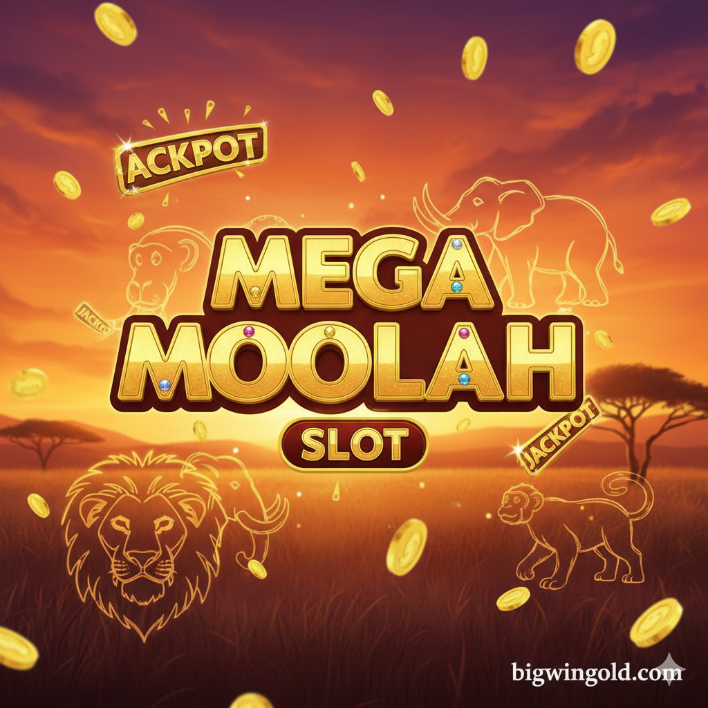 một bản cover hoành tráng cho bài đánh giá "Mega Moolah Slot em análise". Logo game "Mega Moolah" phát sáng ở giữa. Nền là cảnh hoàng hôn hùng vĩ trên thảo nguyên châu Phi với tông màu cam và đỏ ấm áp. Các biểu tượng động vật quan trọng trong game như Sư tử, Voi, Khỉ được lồng ghép nghệ thuật. Tiền vàng và biểu tượng jackpot lấp lánh rơi xuống, tạo nên bố cục năng động, gợi ý về những chiến thắng lớn. Watermark "bigwingold.com" tinh tế ở góc dưới bên phải, phong cách vừa chuyên nghiệp vừa thú vị.