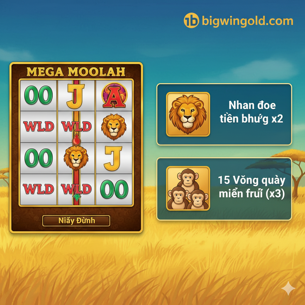Một hình ảnh kiểu infographic phân tích chi tiết các tính năng cốt lõi của Mega Moolah. Bên trái là ảnh cận cảnh lưới cuộn 5x3, làm nổi bật một dòng thanh toán chiến thắng. Bên phải là hai ô thông tin nổi bật: một ô hiển thị biểu tượng Sư tử (Wild) với dòng chữ 'x2 Tiền thưởng nhân đôi'; ô còn lại hiển thị ba biểu tượng Khỉ (Scatter) với dòng chữ '15 Vòng quay miễn phí (x3)'. Nền sử dụng hoa văn thảo nguyên màu vàng và xanh lá cây thời trang, phù hợp với hình ảnh thương hiệu của bigwingold.com.