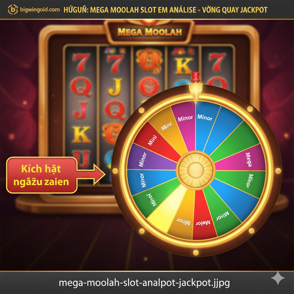 Một hình ảnh hướng dẫn giải thích rõ ràng cơ chế jackpot lũy tiến của Mega Moolah. Tiêu điểm trực quan là Bánh xe Tiền thưởng (Jackpot Wheel) đa sắc nổi tiếng. Một mũi tên chỉ từ các cuộn game trong nền đến bánh xe, có nhãn tiếng Việt 'Kích hoạt ngẫu nhiên'. Bốn cấp độ jackpot (Mini, Minor, Major, Mega) và các màu tương ứng được đánh dấu rõ ràng trên bánh xe, trong đó phần jackpot 'Mega' phát sáng rực rỡ nhất, nhấn mạnh tiềm năng thay đổi cuộc đời của nó.