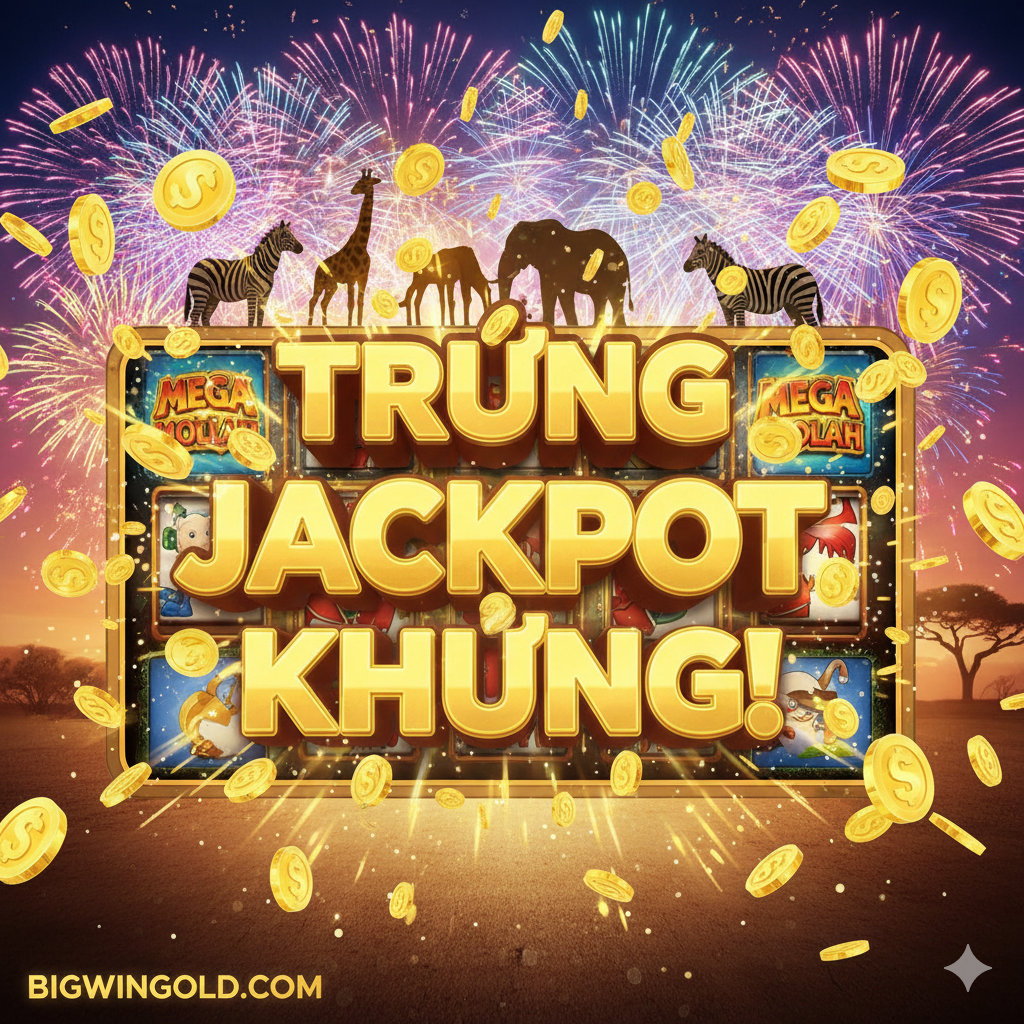 Một hình ảnh có tác động thị giác mạnh mẽ, thể hiện lợi ích chính của việc chơi Mega Moolah: giành được 'Mega' jackpot. Hình ảnh mô tả giao diện game ăn mừng chiến thắng, với dòng chữ vàng lấp lánh khổng lồ 'MEGA JACKPOT WON!'. Hàng triệu đồng tiền vàng và biểu tượng đô la nổ tung từ trung tâm màn hình. Trong nền, bóng của các loài động vật châu Phi (như hươu cao cổ và ngựa vằn) nổi bật trên nền trời pháo hoa rực rỡ, tạo cảm giác hưng phấn tột độ và ước mơ trúng giải độc đắc.