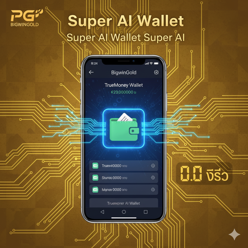 一张功能特性图，展示“Super AI Wallet”系统。画面中央是一部智能手机，屏幕上显示着TrueMoney Wallet的转账界面。一道高科技的数据流（霓虹线条）从手机瞬间流入一个代表BigwinGold账户的数字钱包图标，账户余额立即更新。背景是抽象的金色电路板图案，一个醒目的“0.1 วินาที”（0.1秒）数字钟突出显示了极速处理能力。这张图片旨在强调H3.1中提到的0.1秒到账的自动化和高效率。