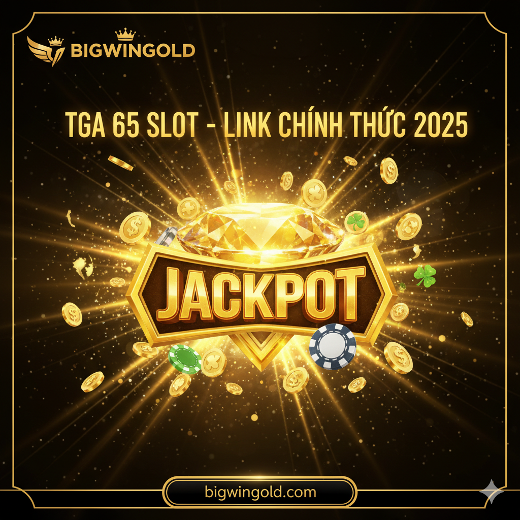 Ảnh bìa phong cách game slot cao cấp, tông màu chủ đạo là vàng kim và đen, thể hiện sự sang trọng và may mắn. Hình ảnh trung tâm là một biểu tượng Wild hoặc Jackpot rực rỡ (ví dụ: Kim cương lớn hoặc Thần Tài). Góc trên có logo Bigwingold (giả định) và dòng chữ lớn, nổi bật: "TGA 65 SLOT - LINK CHÍNH THỨC 2025". Thêm các hiệu ứng ánh sáng lấp lánh, tia sáng vàng chiếu rọi, tạo cảm giác về một kho báu sắp được khám phá. Bố cục mạnh mẽ, thu hút sự chú ý ngay lập tức của người chơi.